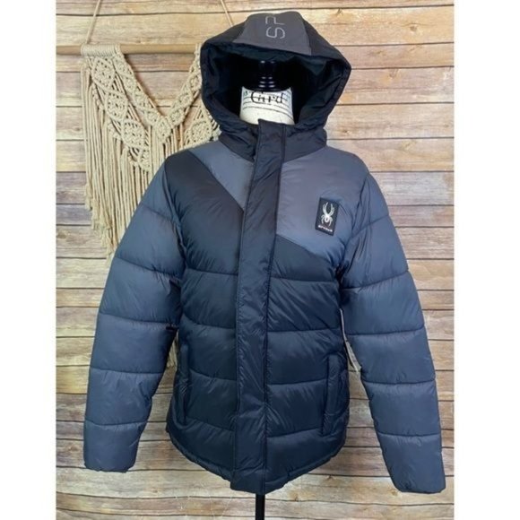 Spyder | ‘Circuit’ Black & Grey Water Repellent Rain & Snow Hooded Puffer Jacket - Picture 3 of 14